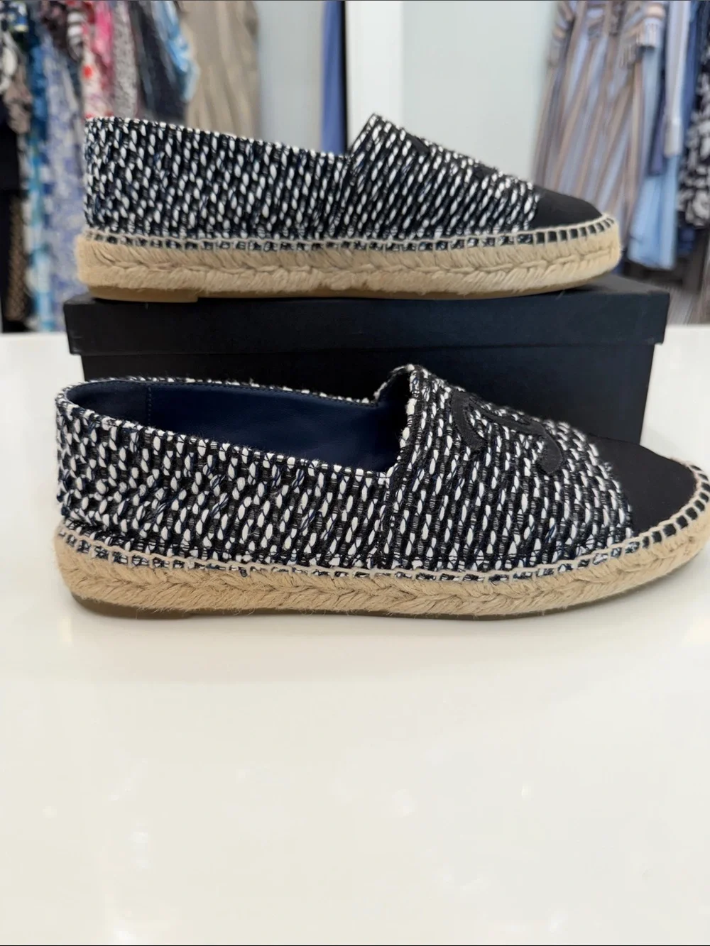 CHANEL Black & White Tweed Espadrille Slip-Ons